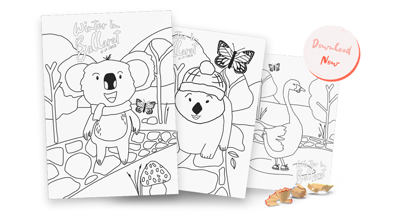 Three colouring pages that are sitting askew and one after the other in a line. Each character from the Children's Book 'Winter in Ballarat' is on a single colouring page. There sits a small amount of pencil shavings in the right bottom corner. There sits a light pink circle with the words 'Download Now' in the right hand corner.
