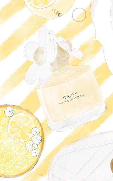 A watercolour and pencil flatlay illustration of a Marc Jacobs Daisy perfume beside a lemone tart, Gucci handbag and lemonade. The background is a pattern of thick yellow stripes.