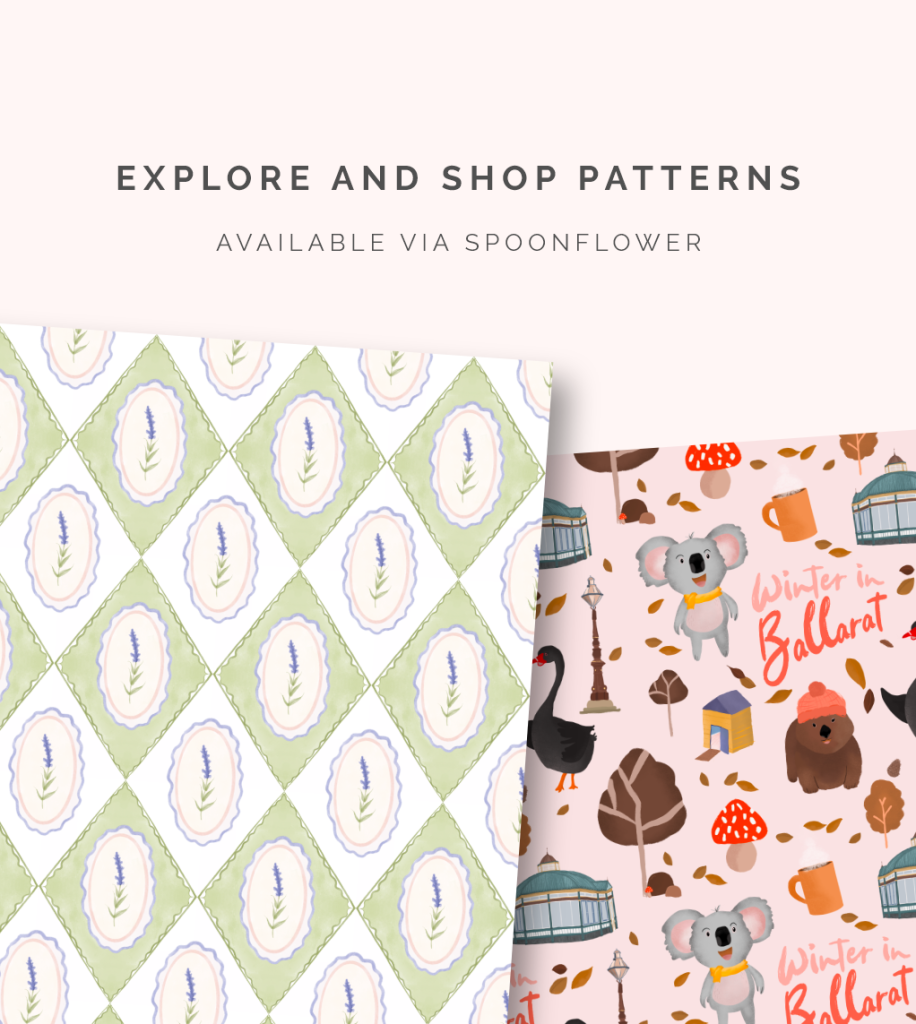 Image of two overlapping patterns by Liv Lorkin. One pattern features a beautiful floral diamond shape, while the other showcases a captivating winter in Ballarat design. The image also includes text above the patterns that reads 'Explore and shop patterns. Available now via Spoonflower.'