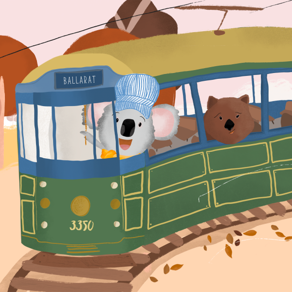 An illustrated image of the Wendouree Pals by Liv Lorkin. The characters are riding along in a tram with nature in the background. Herbert the koala is at the wheel with a conductor's hat on. There is a Ballarat sign on the tram and Miss Eccles is smiling along in the back of the tram.