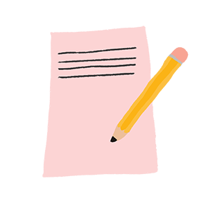 An illustrated pink piece of paper with lines on it with a bright yellow pencil.