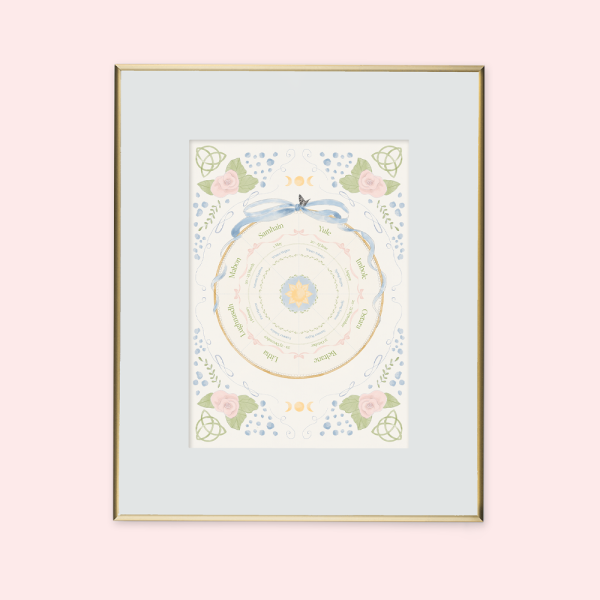 Southern wheel of the year illustration by Liv Lorkin, framed in a thin gold frame with a pale blue mat, set against a pink background.