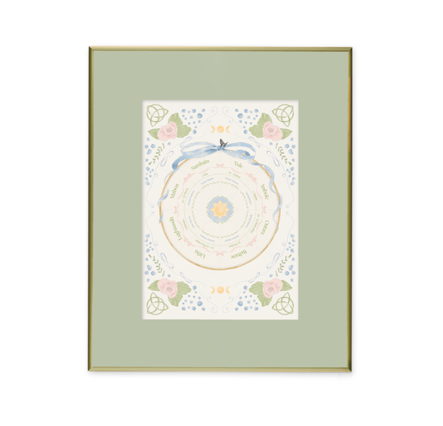 Southern wheel of the year illustration by Liv Lorkin, framed in a thin gold frame with a green mat.
