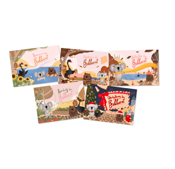 Image of The Wendouree Pals children's book series, featuring five books titled Winter in Ballarat, Summer in Ballarat, Spring in Ballarat, Christmas in Ballarat, and Autumn in Ballarat. Written and illustrated by Liv Lorkin, the books follow the fun adventures of a group of native Australian animals, including a curious koala, a friendly wombat, and a graceful swan, as they explore Ballarat in each season. Each book captures the unique beauty and excitement of the changing seasons, inspiring a love for nature and exploration in children. A perfect addition to any family's reading collection.
