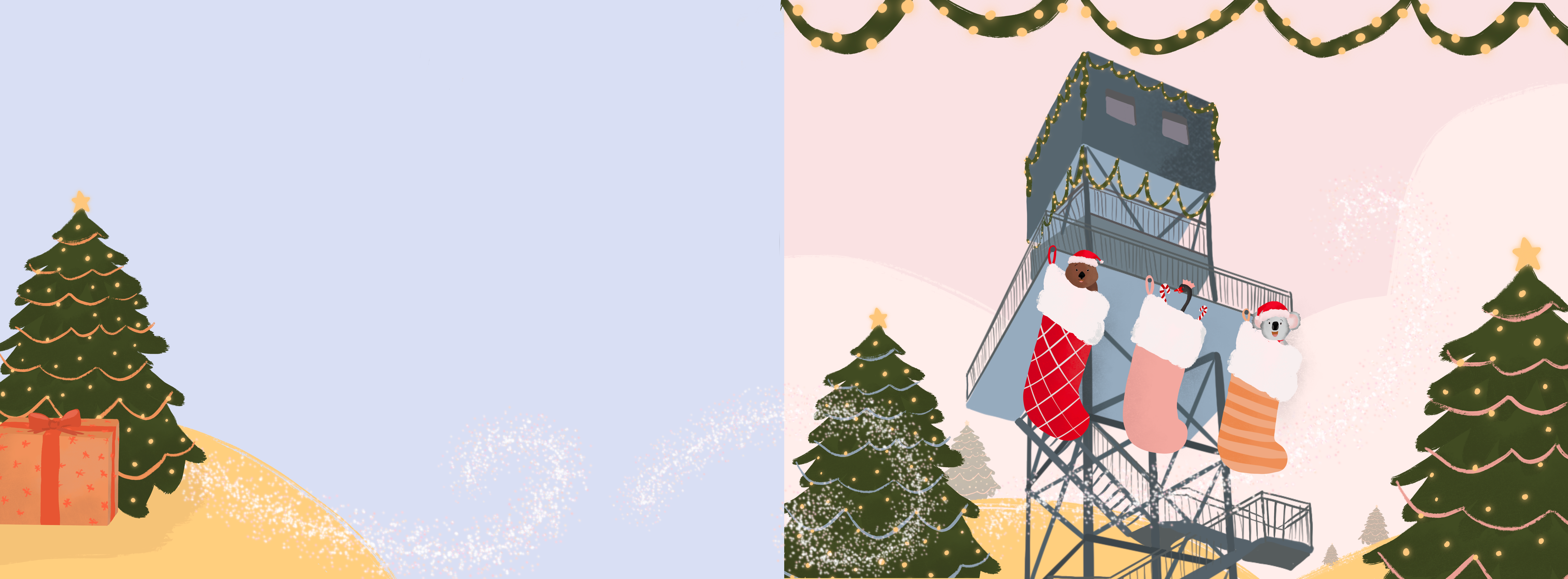 Image of an illustration from the 'Christmas in Ballarat' children's book by Liv Lorkin, depicting a split book spread. One side shows Miss Eccles, Lynnie, and Herbert hanging from the Buninyong Tower in cute Christmas stockings. The opposite page features a Christmas tree with a present under it.