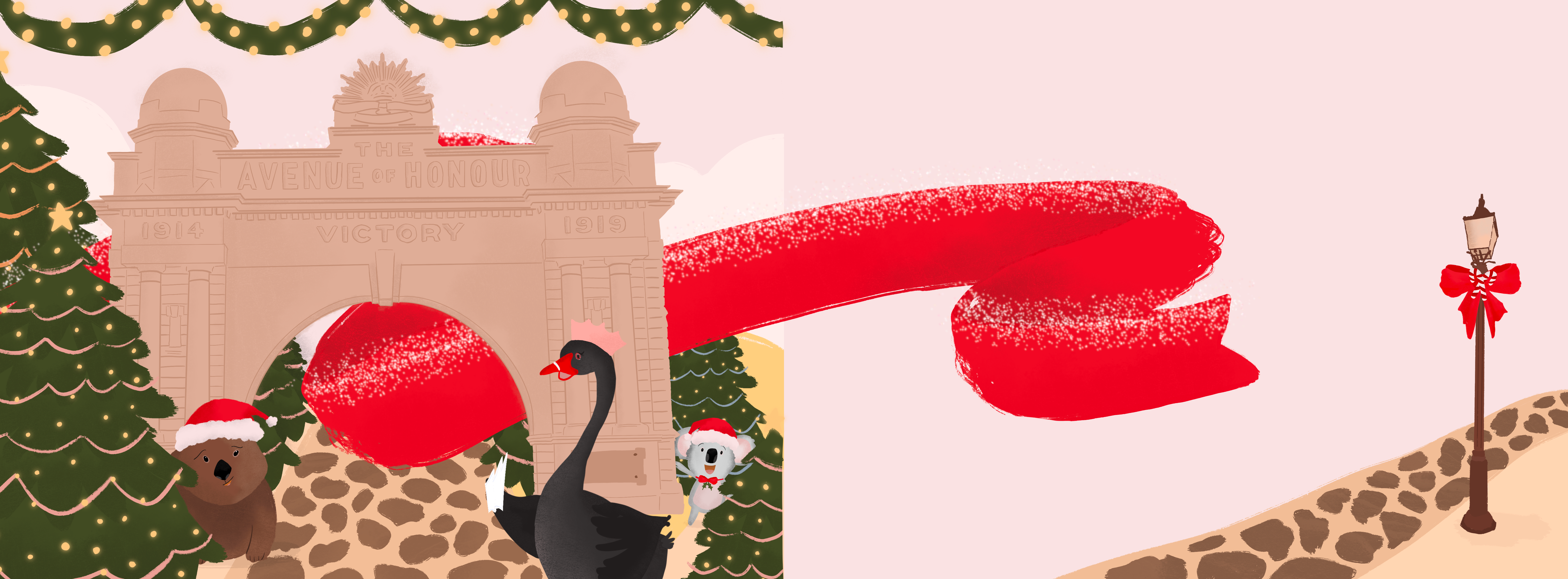 Image of an illustration from the 'Christmas in Ballarat' children's book by Liv Lorkin, depicting a split book spread. One side shows Miss Eccles, Lynnie, and Herbert looking around the Arch of Victory with Christmas trees surrounding them, while a red ribbon is in the background. On the opposite side, there is a lamp post with a red ribbon tied to it.