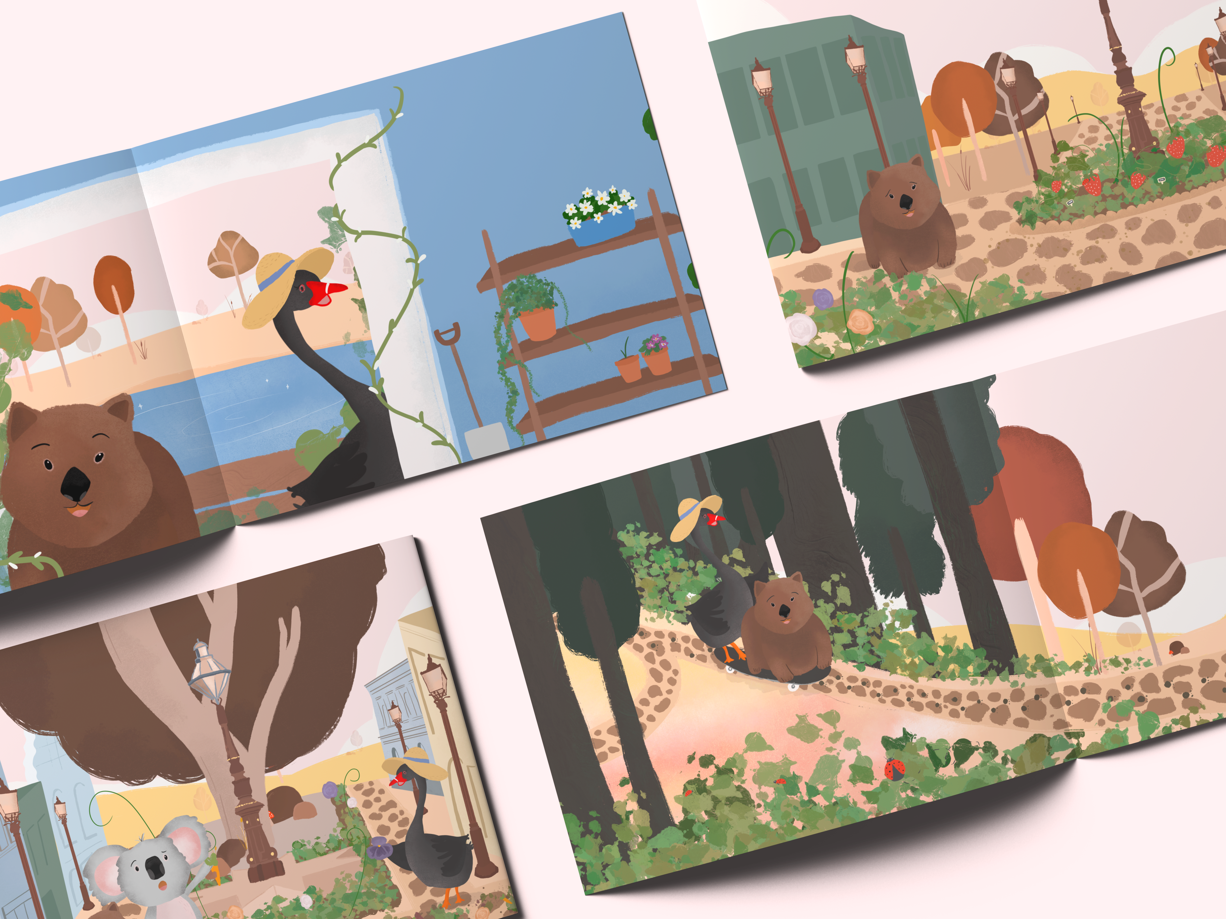Four open book spreads from 'Spring in Ballarat' children's book, showcasing colorful illustrations of Miss Eccles, Herbert, and Lynnie on their exciting springtime adventure.